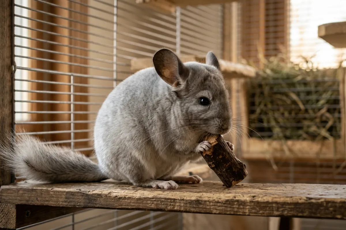 A chinchilla gnawing a wooden chew, one of the standard chinchilla behaviors that keeps its teeth worn down.