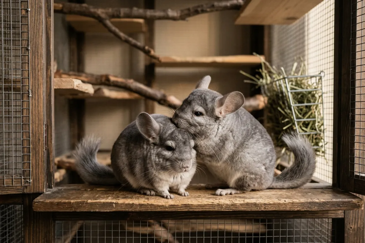 Two chinchillas grooming side by side on a wooden ledge, a picture of chinchilla social behavior.