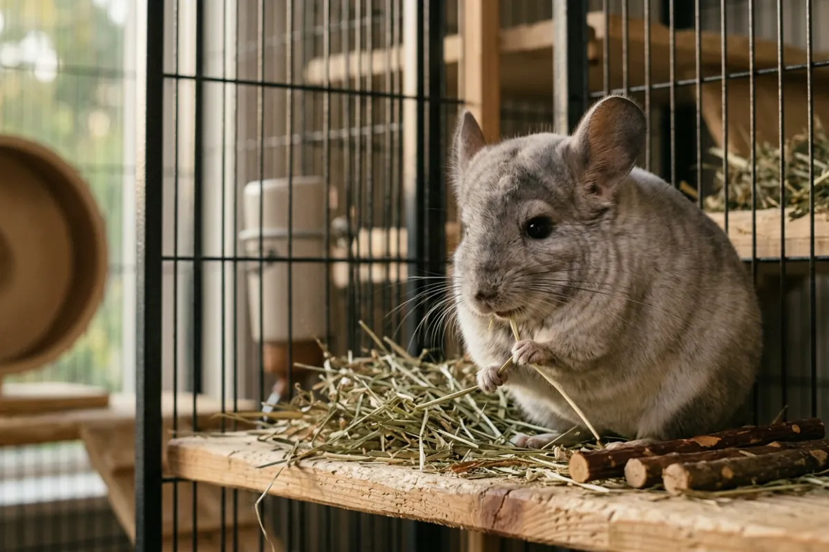 A chinchilla grinding hay and chews, the dental outlet that prevents most chinchilla biting at the bars
