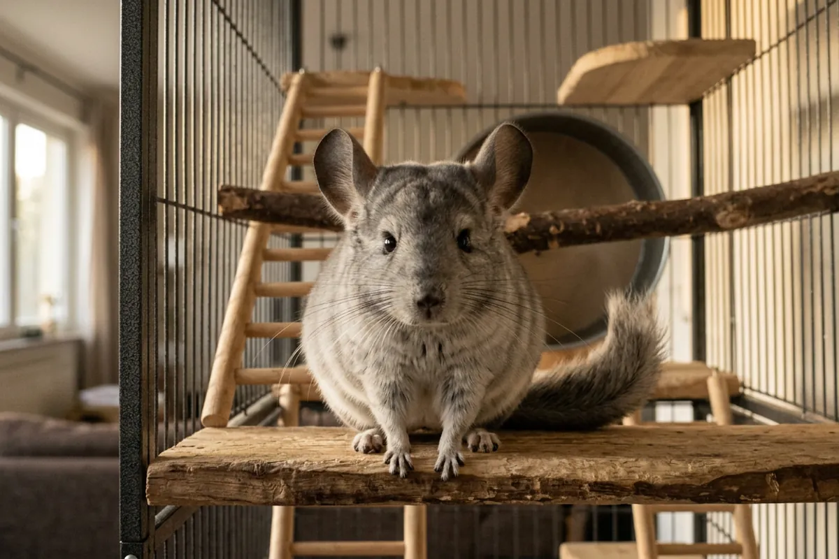A chinchilla sitting squarely with all four feet flat on a solid wooden ledge, what healthy feet and posture look like before chinchilla bumblefoot starts.
