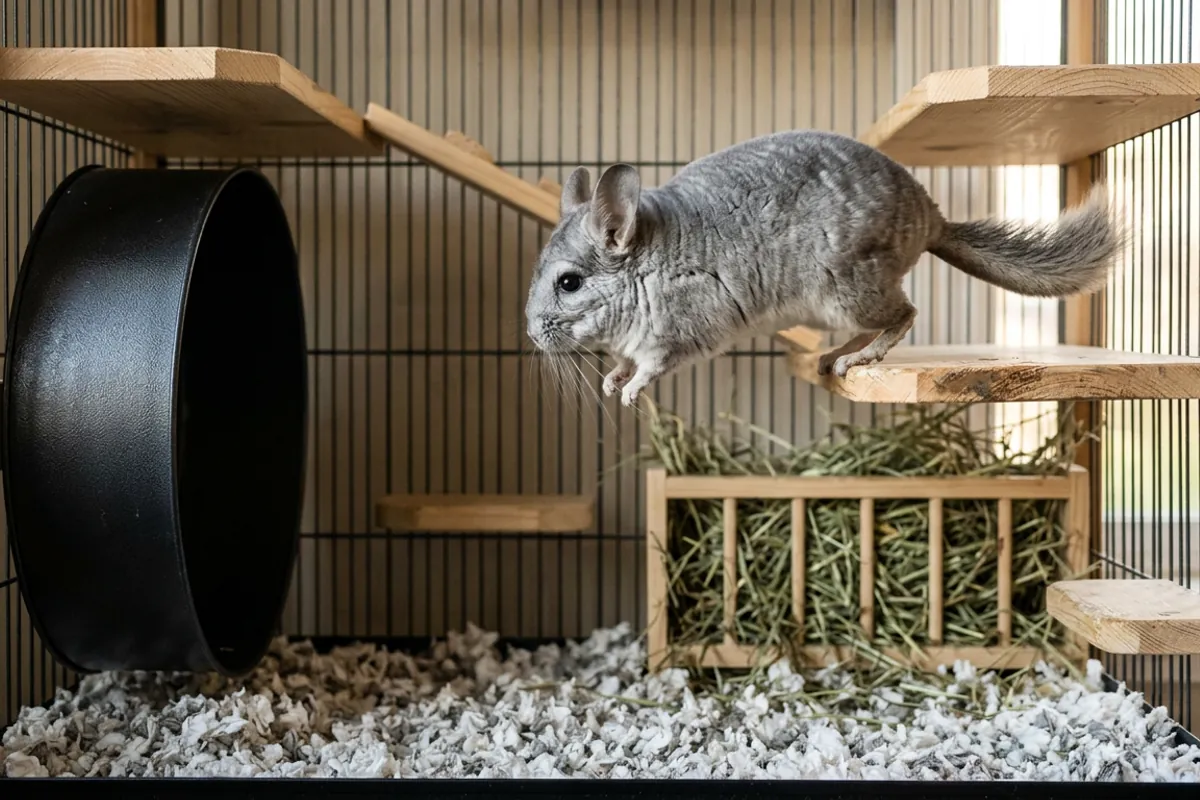 A chinchilla leaping between solid wooden ledges in a metal and wood cage with a solid surface wheel, the setup that prevents chinchilla foot problems.