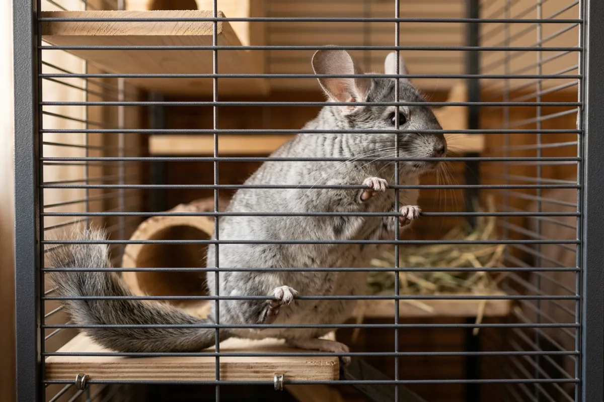A chinchilla gripping the metal bars of a ferret nation chinchilla cage, showing the horizontal bar spacing
