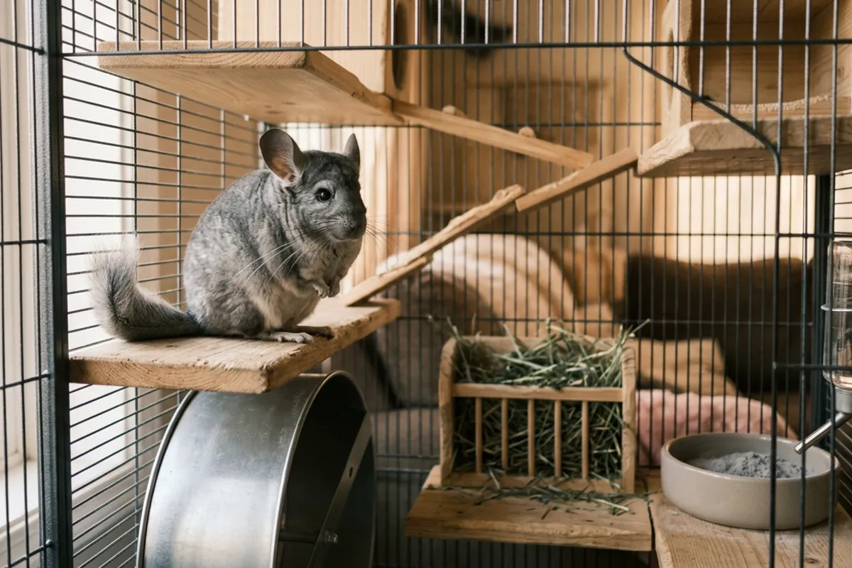 A fitted out ferret nation chinchilla cage with wooden ledges, a solid wheel and hay, and a chinchilla on a ledge