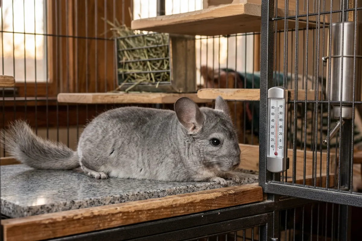 A chinchilla resting on a cooling stone inside a metal chinchilla cage next to a cage thermometer