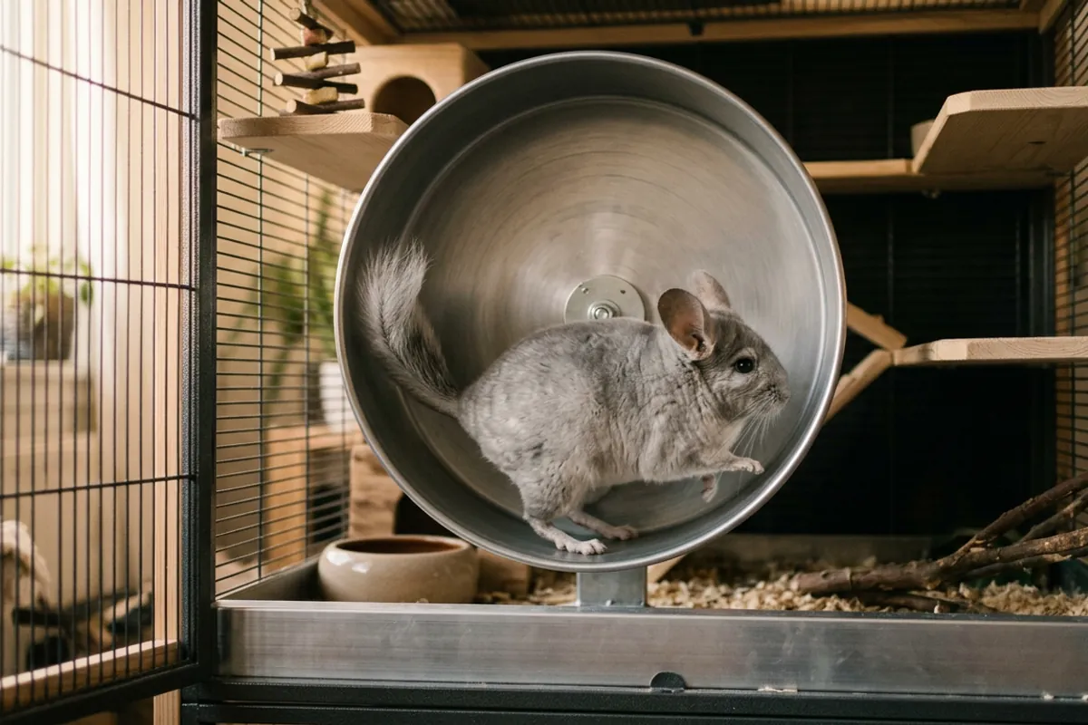 A silver-gray chinchilla running on a solid-surface wheel inside a chinchilla cage setup