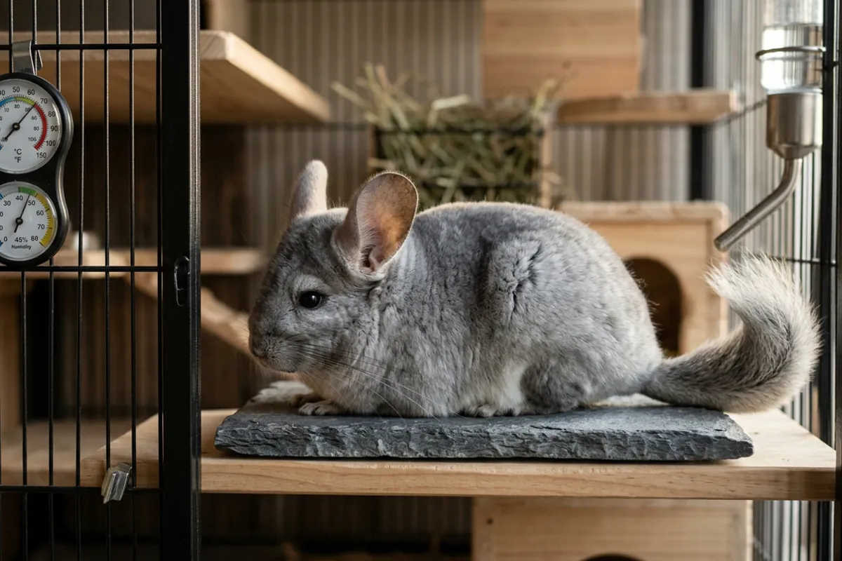 A silver-gray chinchilla resting on a cooling stone in a heat-safe chinchilla cage setup