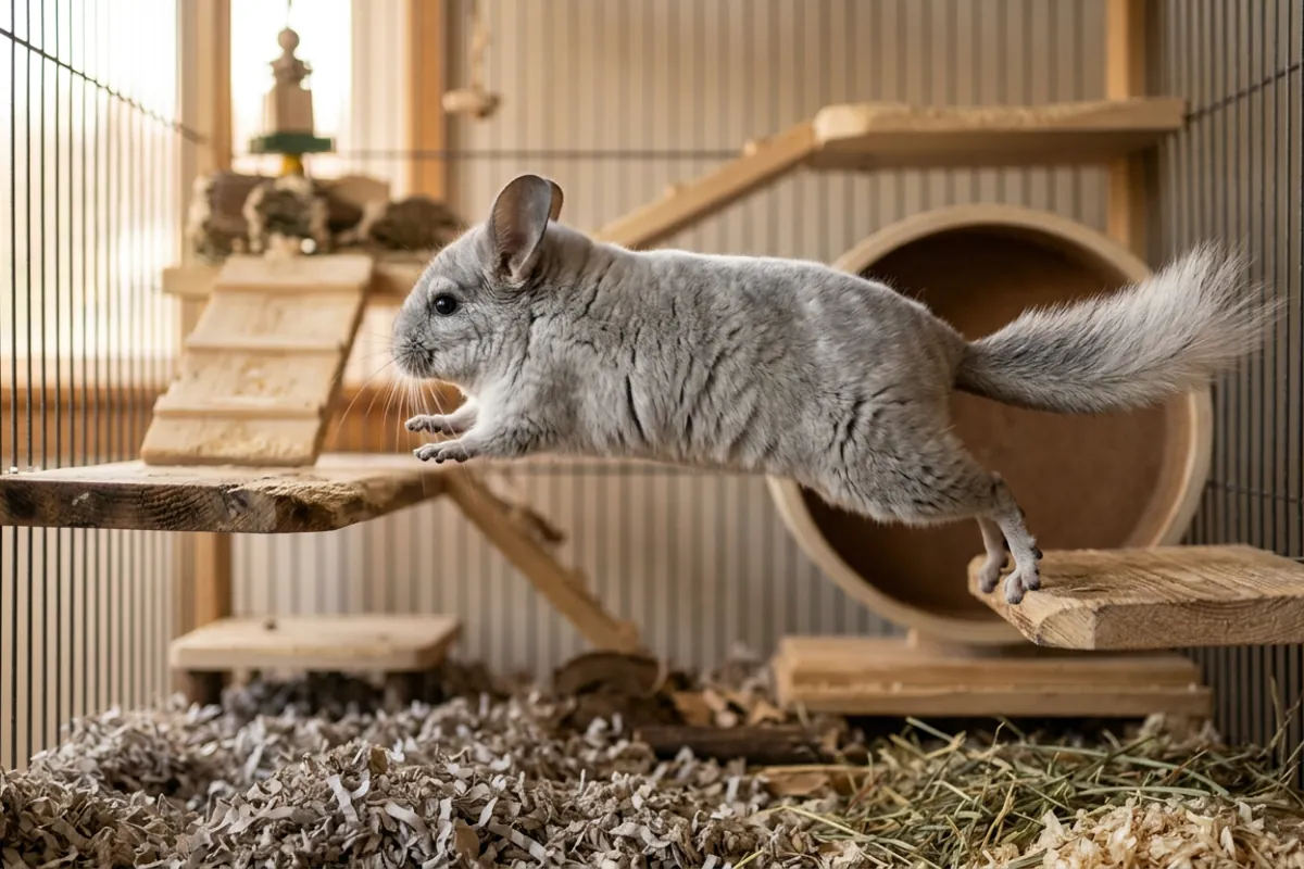 A chinchilla leaping between ledges, showing why a small chinchilla cage limits its natural jumping