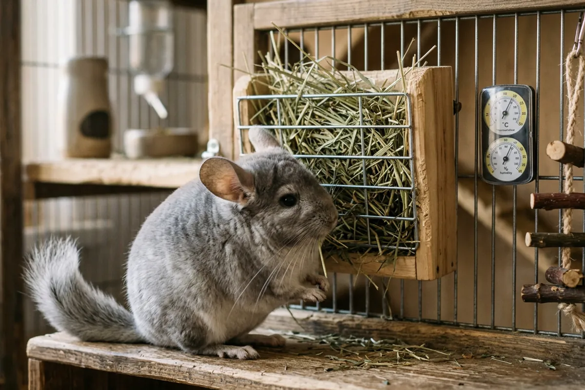 A well-set-up small chinchilla cage with hay feeder, chews, and a thermometer on the bars