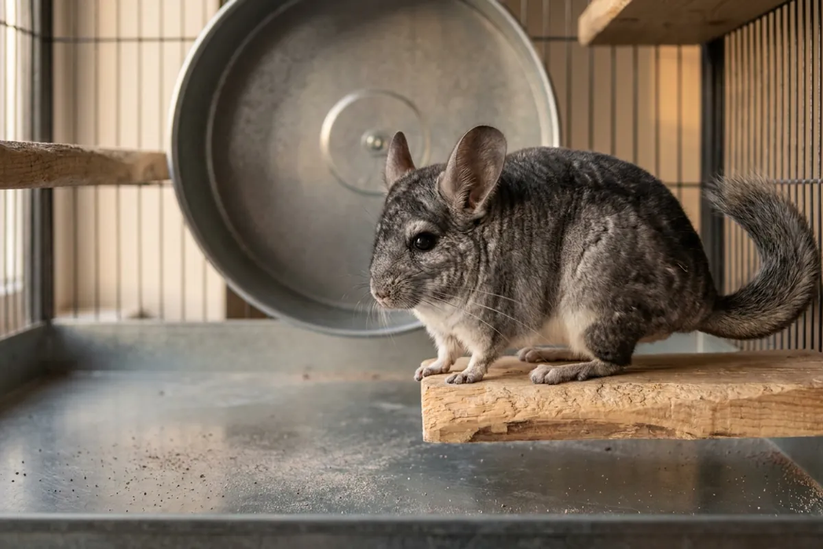 A chinchilla standing on a solid wooden ledge inside a chinchilla cage with no wire flooring