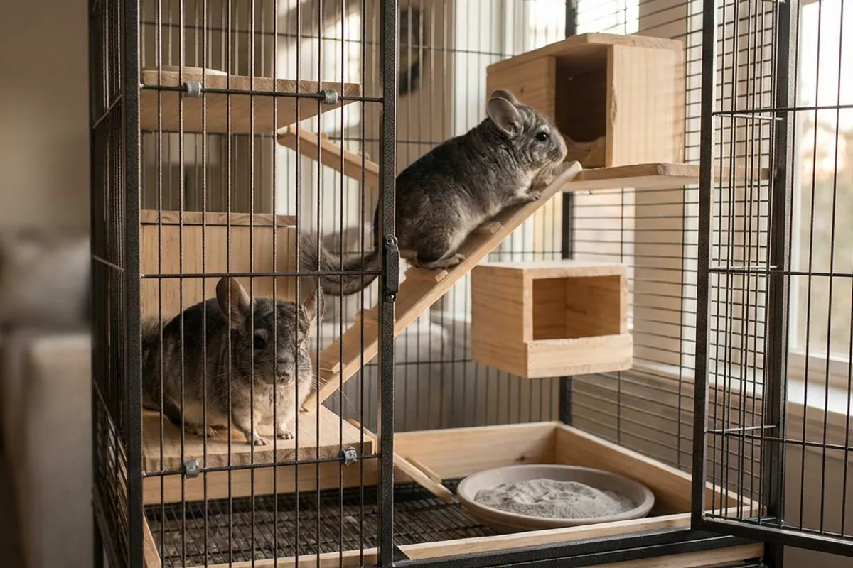 Two chinchillas on separate wooden ledges inside a tall chinchilla cage for 2