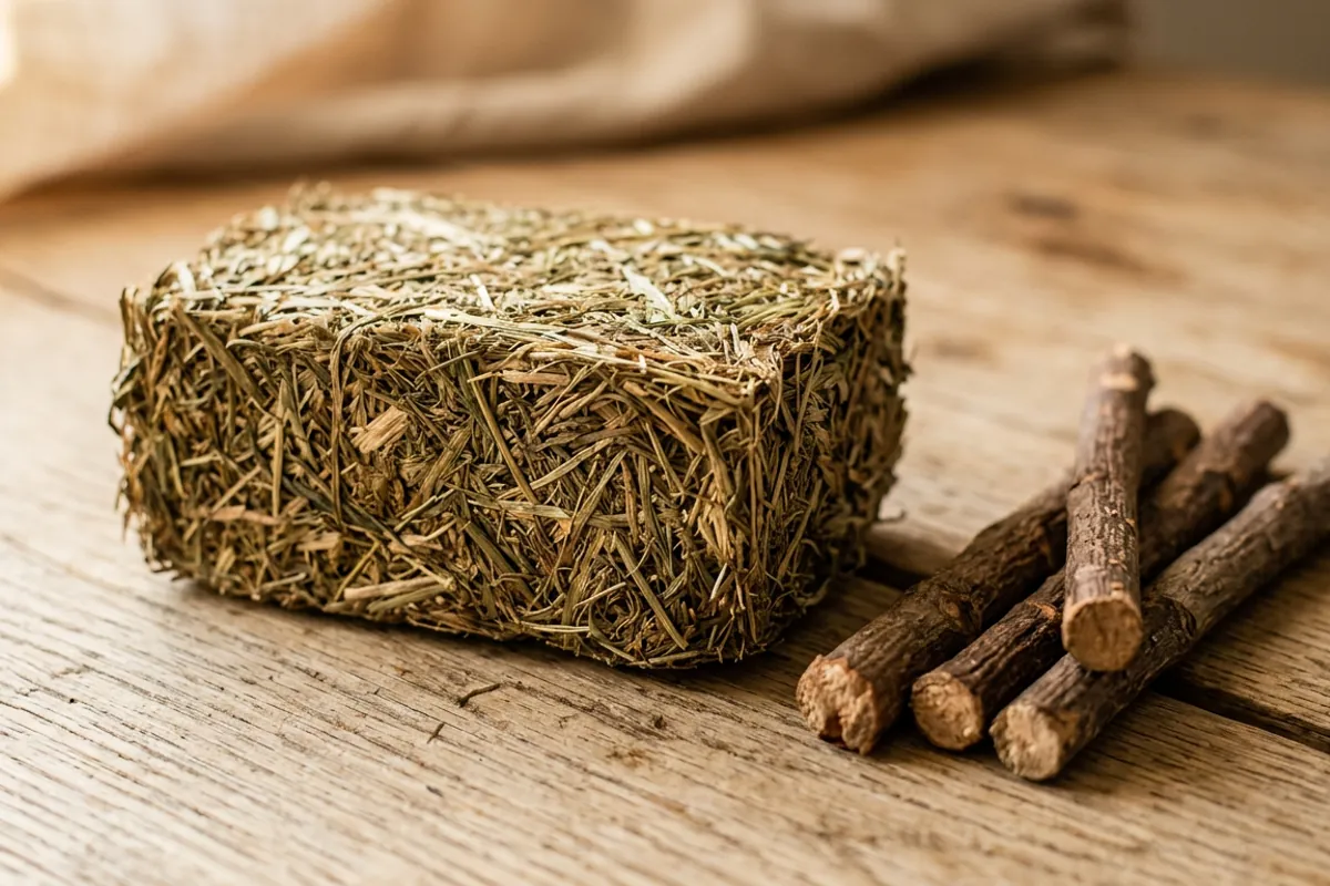 A plain hay treat cake and wood chews, the safe version of chinchilla cakes