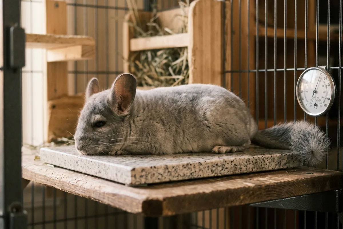 A chinchilla resting on a cooling stone, the heat safety step every chinchilla care guide puts first.