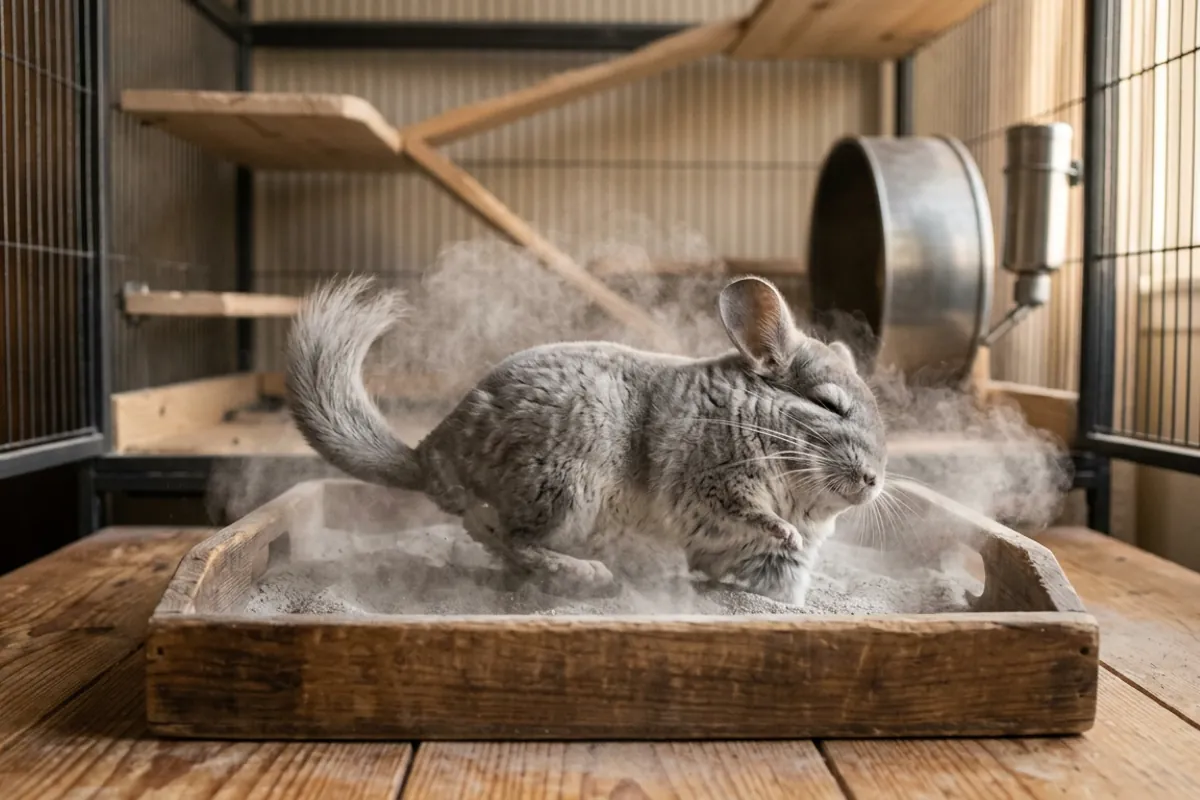 A chinchilla rolling in fine volcanic dust, the dust bath every chinchilla care guide uses instead of water.