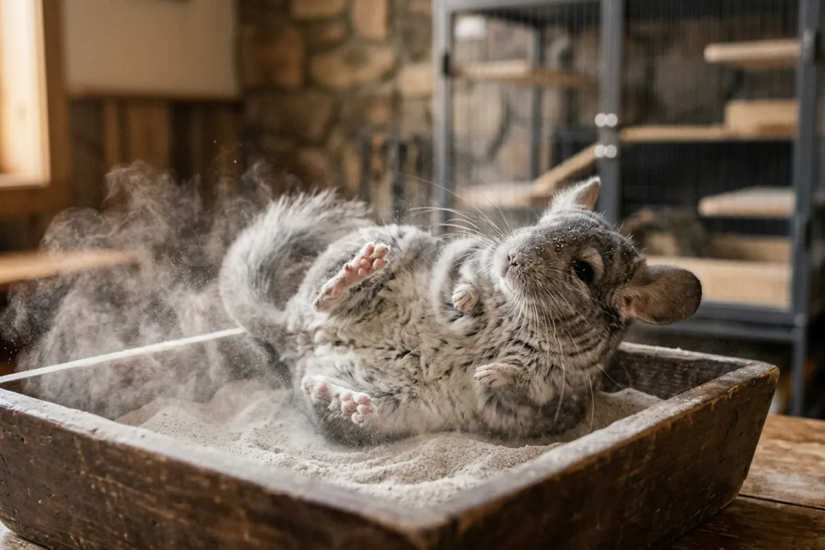 A chinchilla rolling in dry dust rather than water, a core part of chinchilla care