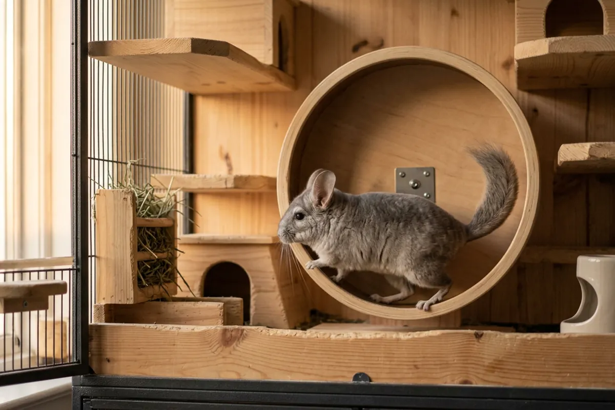 A chinchilla exercising on a solid-surface wheel as part of daily chinchilla care
