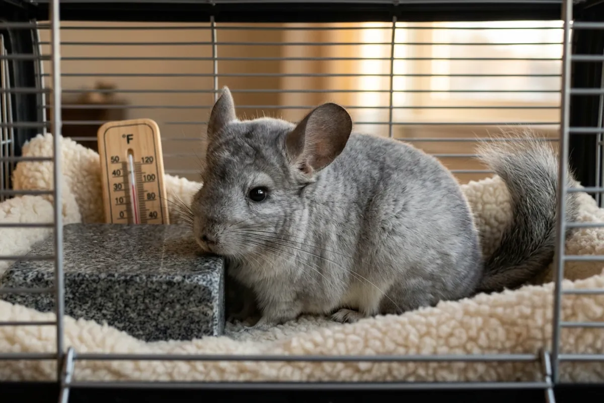 A chinchilla resting against a cooling stone inside a chinchilla travel carrier with a thermometer visible