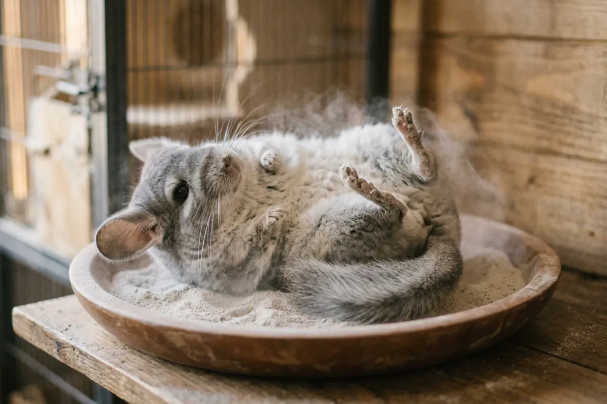 A chinchilla rolls in dry dust, the real rodent behind the chinchilla cats coat name.