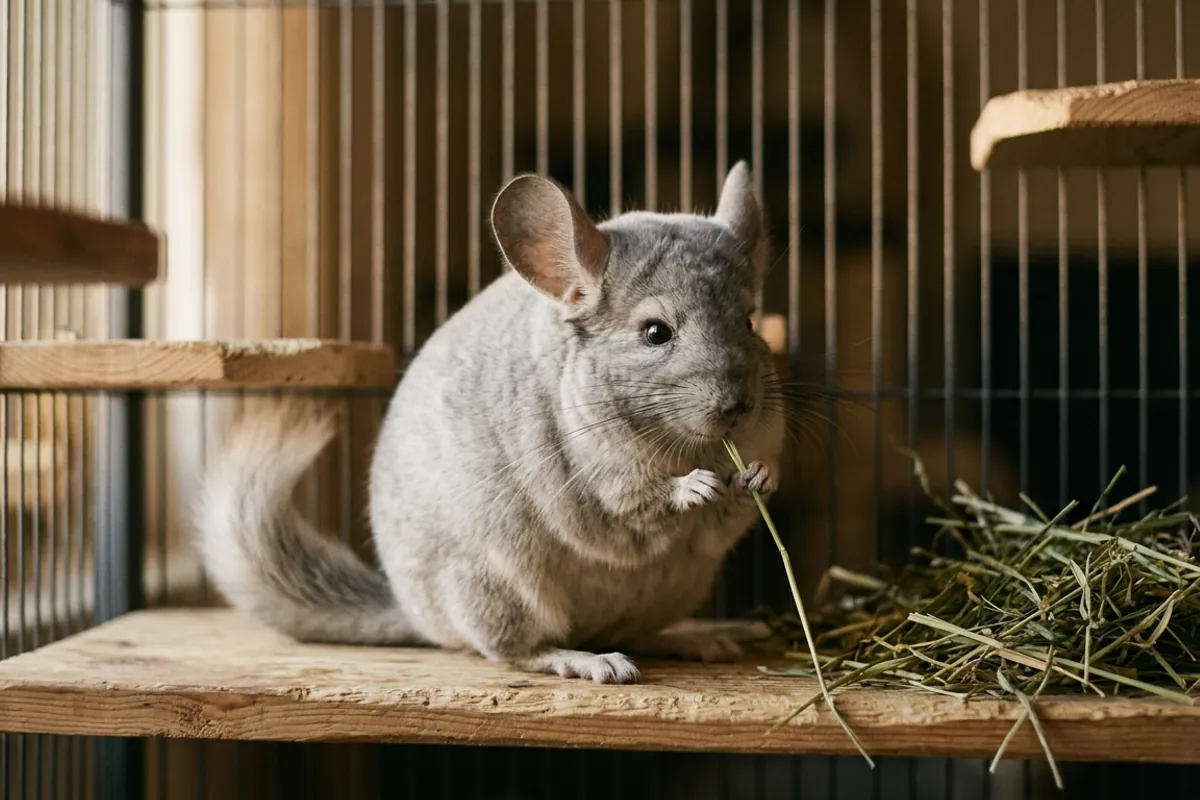 A chinchilla eats hay in its cage, the daily care the chinchilla cats searcher often overlooks.