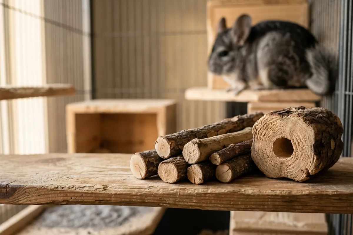 A spread of chinchilla chew sticks and chew blocks in assorted safe woods laid out on a wooden ledge