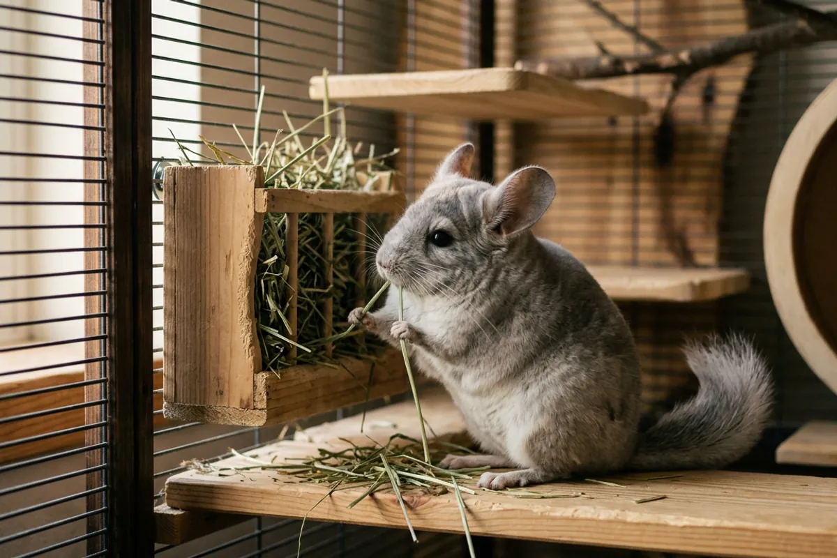 A chinchilla eating timothy hay, the most important chew of all, beside its chinchilla chew toys in a metal and wood cage