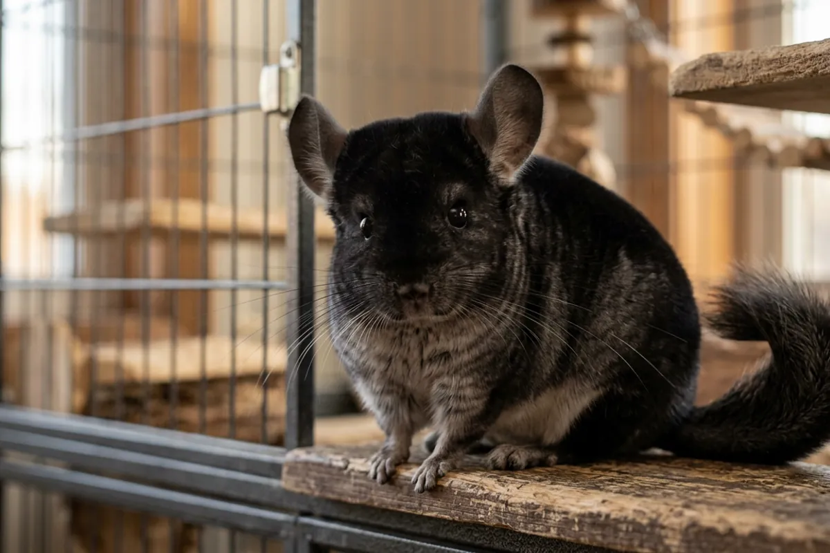 A dark chinchilla showing one of the deeper chinchilla colors on a wooden ledge.