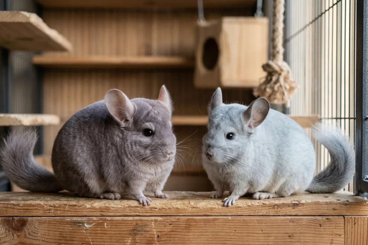 A violet and a sapphire chinchilla showing two of the rarer chinchilla colors on a wooden ledge.