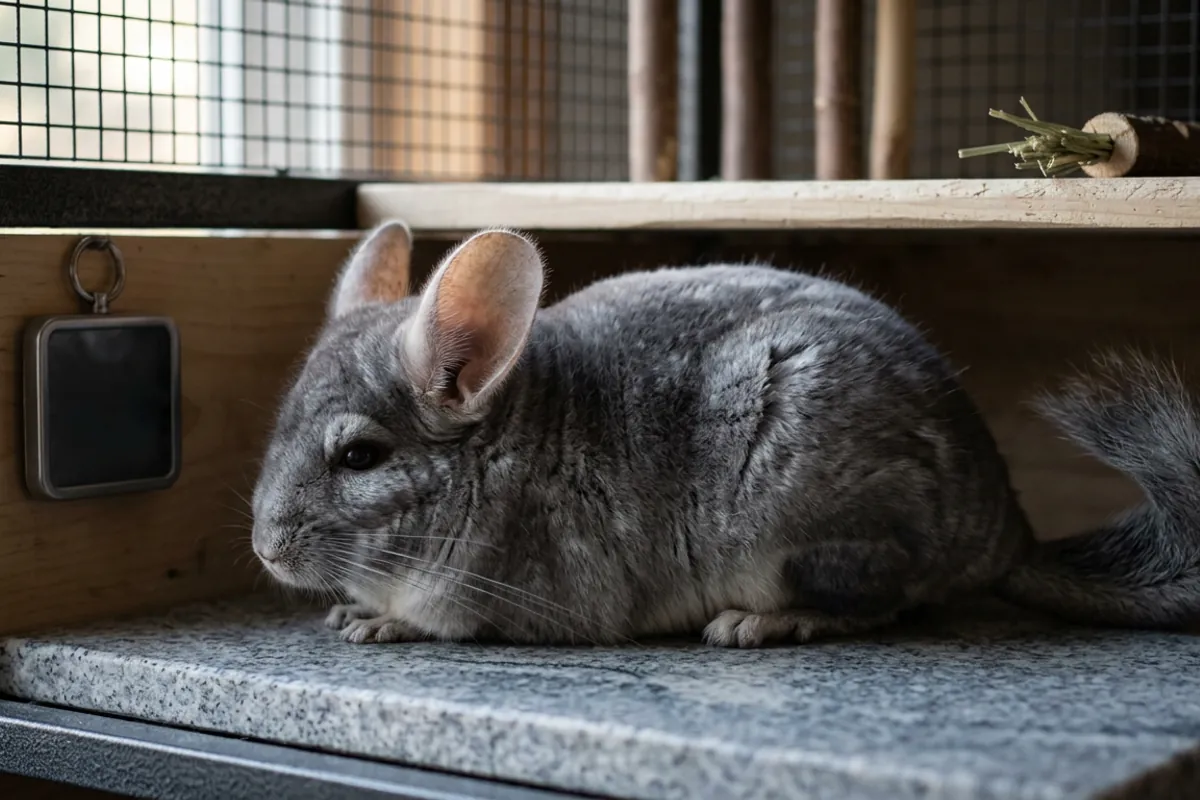 A chinchilla resting on a chinchilla cooling stone in the shaded lower corner of its cage
