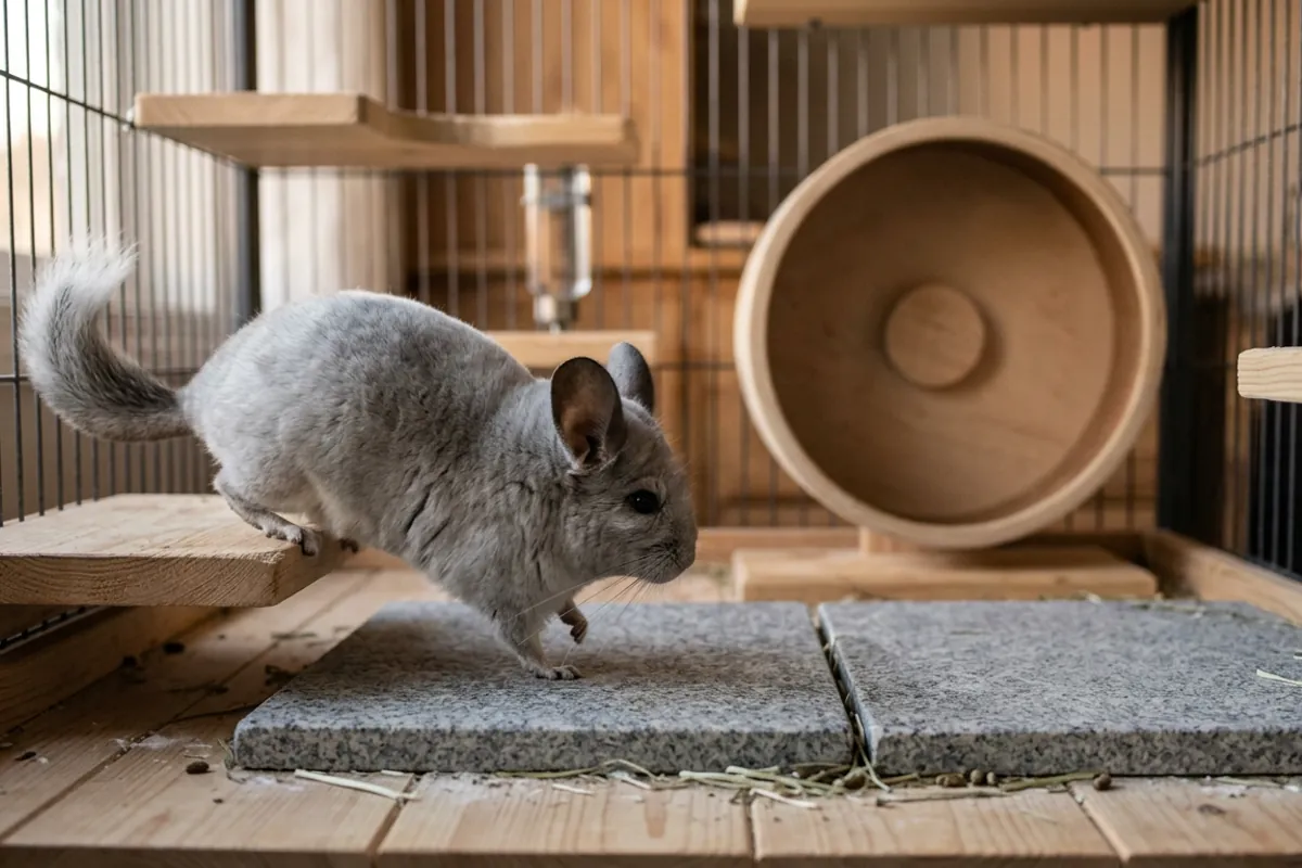 A chinchilla stepping onto one of two granite cooling stones set on the cage floor