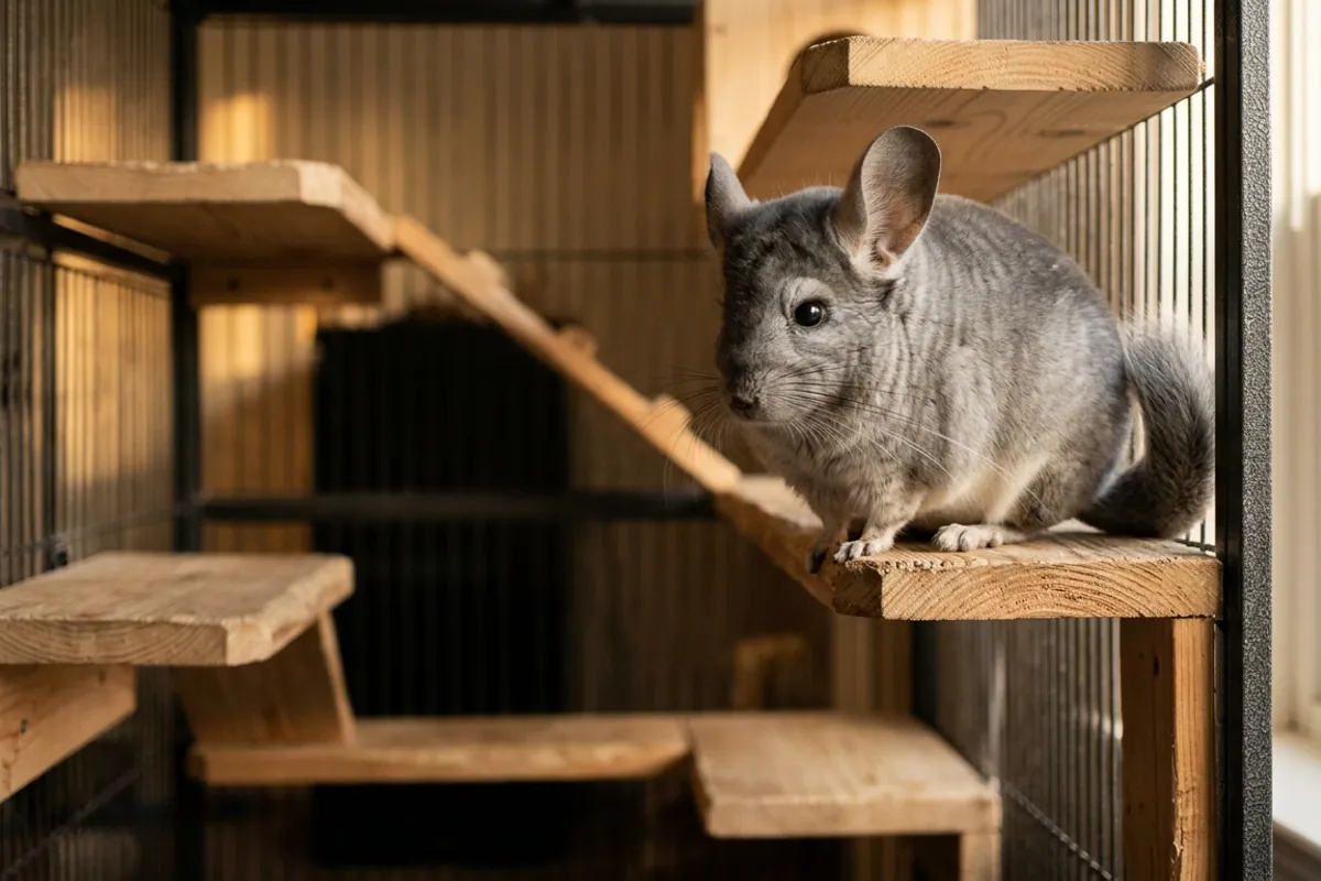 A chinchilla climbing wooden ledges in a tall cage, the biggest part of the upfront chinchilla cost