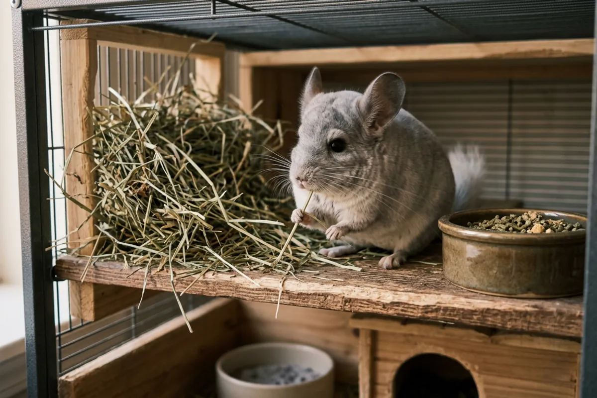 A chinchilla eating grass hay, the main ongoing chinchilla cost every month