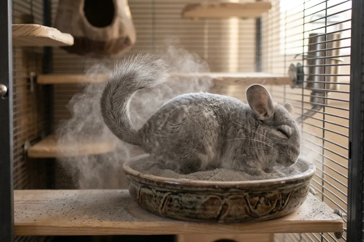 A cute chinchilla rolling in a dust bath of fine pumice with its fur fluffed and dust rising