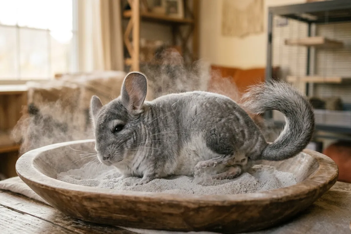 A chinchilla rolling in dust, one care habit the chinchilla and degu genuinely share.