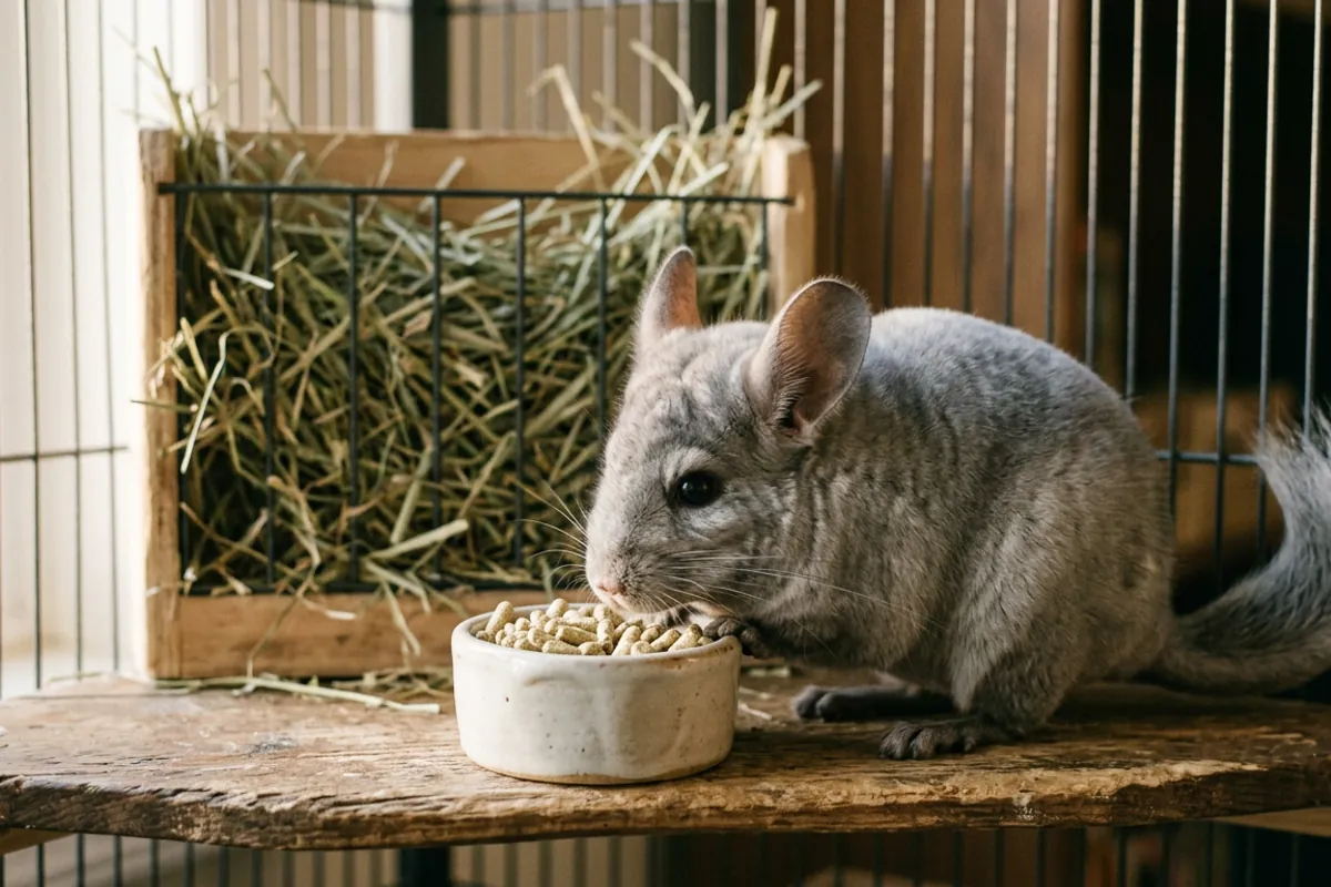 A chinchilla nosing a bowl of nuggets, the food at the heart of the chinchilla degu question.