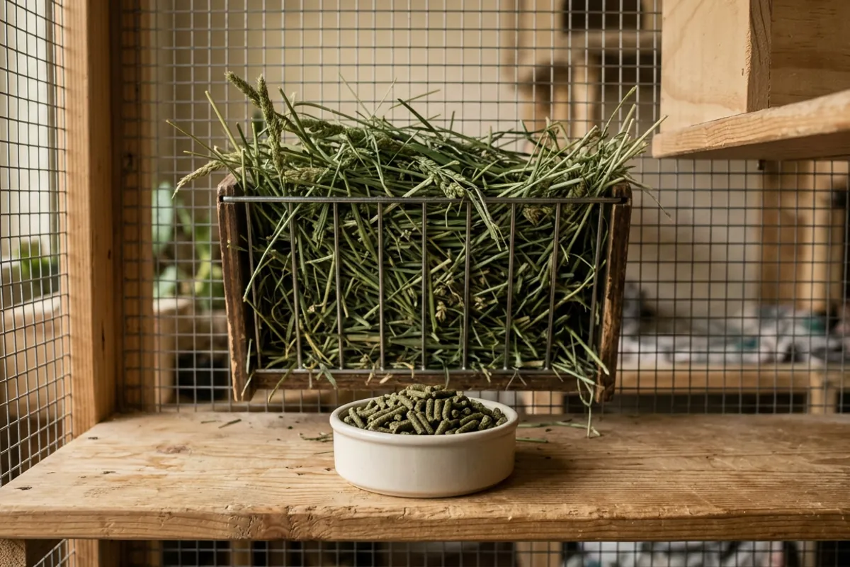 A measured dish of plain pellets beside a full hay rack, the supplement side of a chinchilla diet.