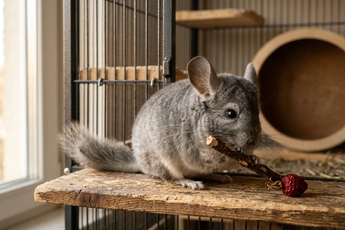 A chinchilla gnawing an apple wood chew, the tooth-wearing part of a good chinchilla diet.