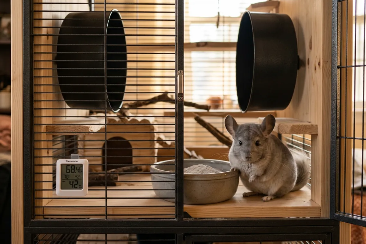 A chinchilla beside a dust container on the ledge of a tall metal and wood cage set up for a chinchilla dirt bath