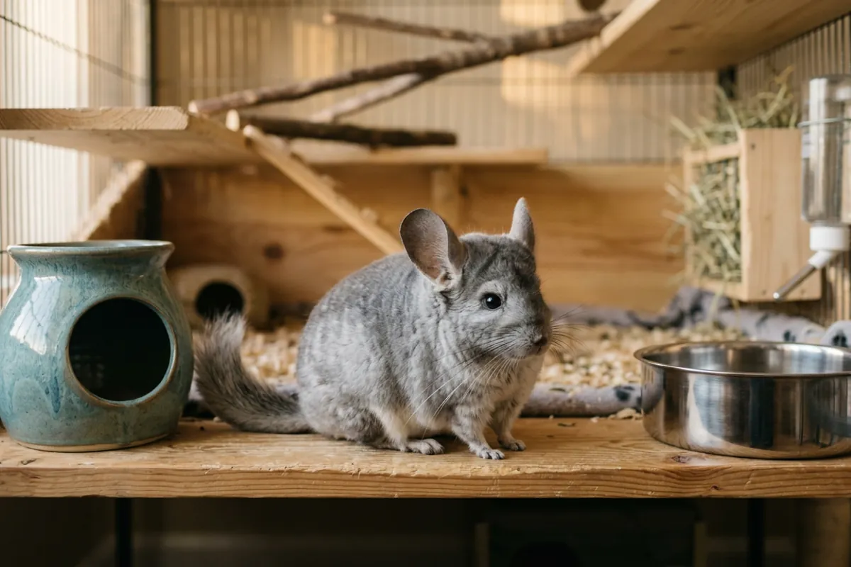 A chinchilla beside a ceramic and a metal chinchilla bath house on a wooden ledge