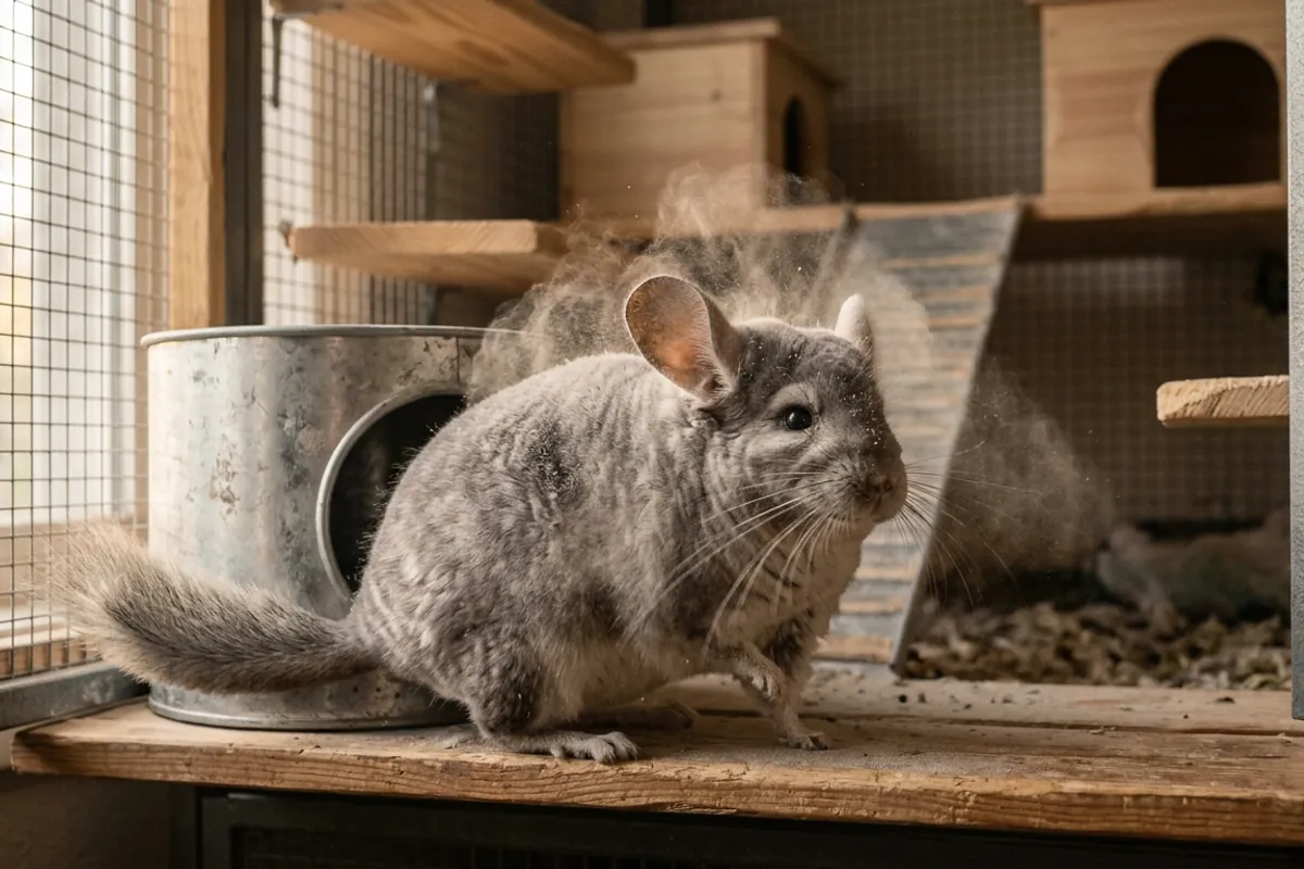 A chinchilla shaking off dust beside the opening of its chinchilla dust bath house