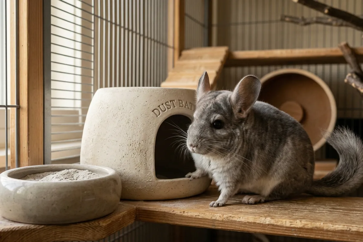 A ceramic chinchilla dust bath house and dust bath bowl with a chinchilla beside them