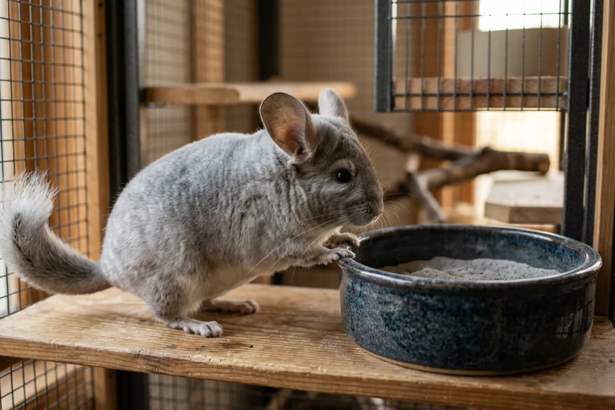 A chinchilla approaching a ceramic bowl of soft volcanic chinchilla dust inside a metal and wood cage.