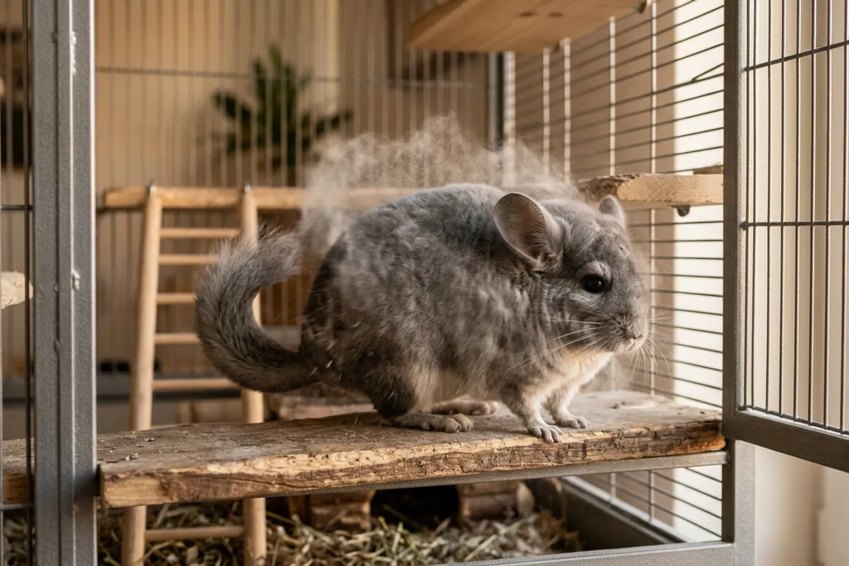 A chinchilla shaking a cloud of chinchilla dust from its dense fur after a dust bath.