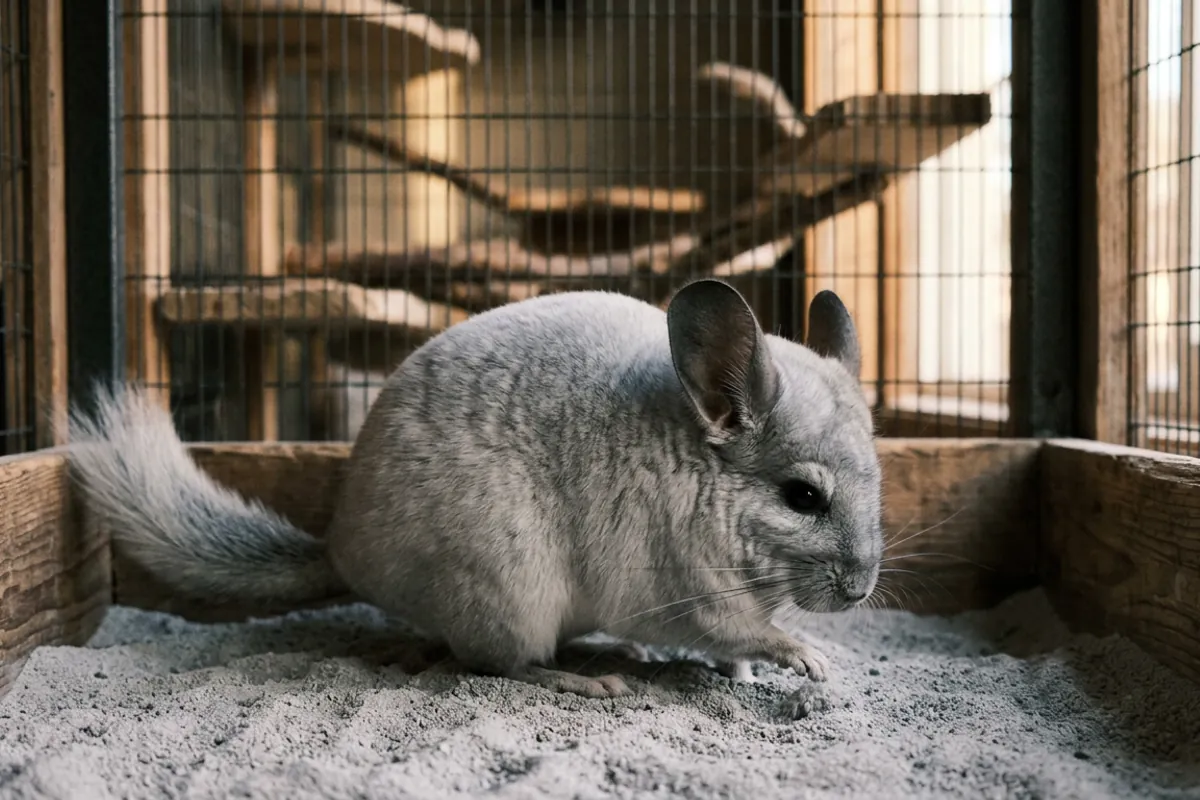 Fine pale gray chinchilla dusting powder in a wooden bath house as a chinchilla steps in.