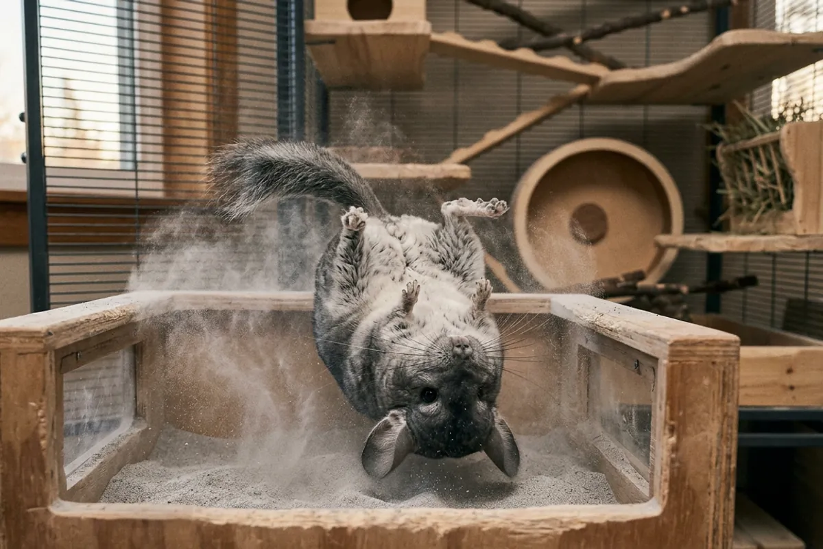 A chinchilla dusting on its back, flipping in a burst of fine gray dust inside its bath house.