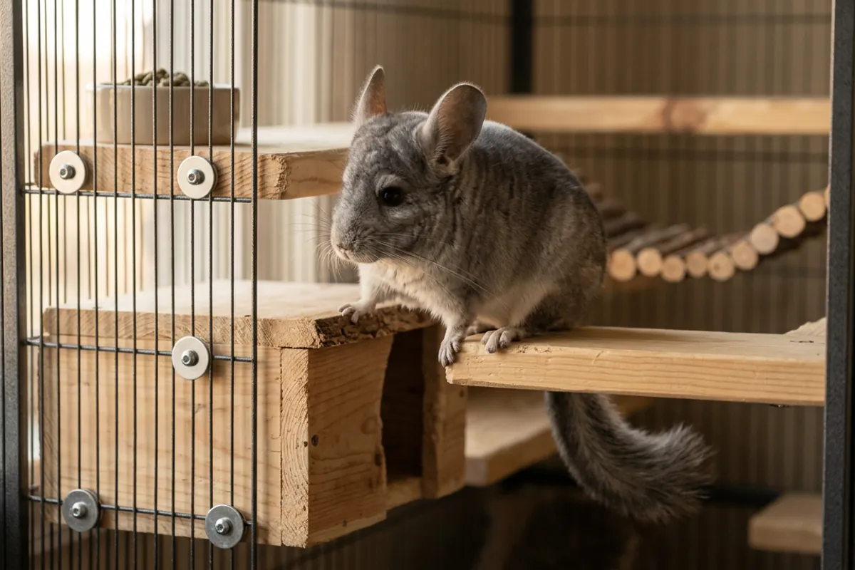 Interior of a chinchilla enclosure built from a metal frame and solid wooden ledges with a chinchilla climbing.