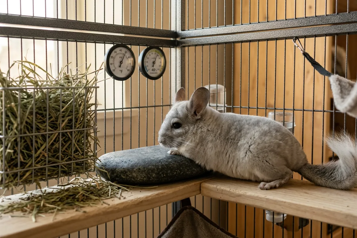 A chinchilla enclosure with a mounted thermometer and a chinchilla resting against a cooling stone on a wooden ledge.