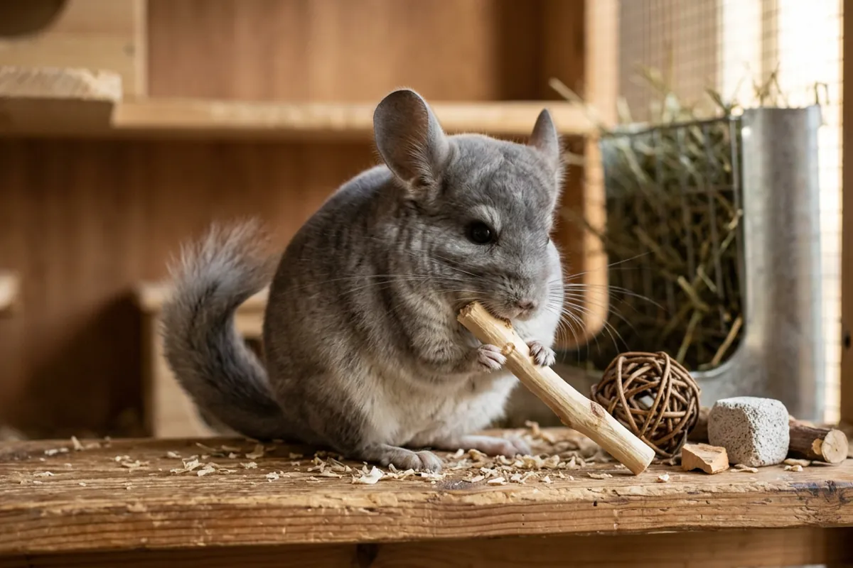 A chinchilla gnawing an apple wood stick on a wooden ledge, the chewing enrichment for chinchillas that keeps their teeth worn down