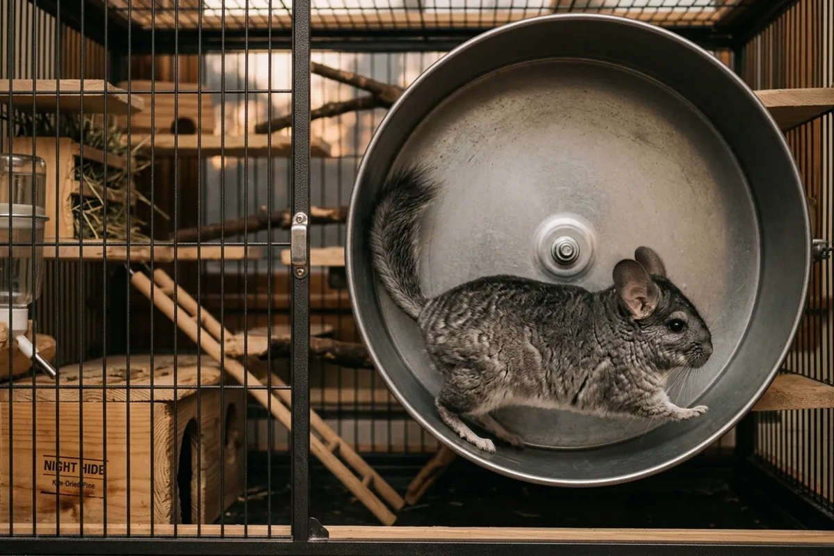 A chinchilla running on a solid surface metal wheel, the piece of chinchilla enrichment that gets used most at night