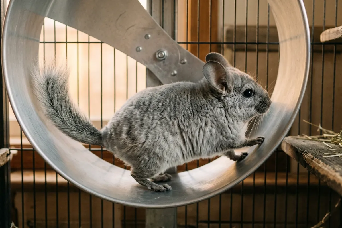 A chinchilla runs with a level back on a 16 inch chinchilla exercise wheel with a solid running surface.