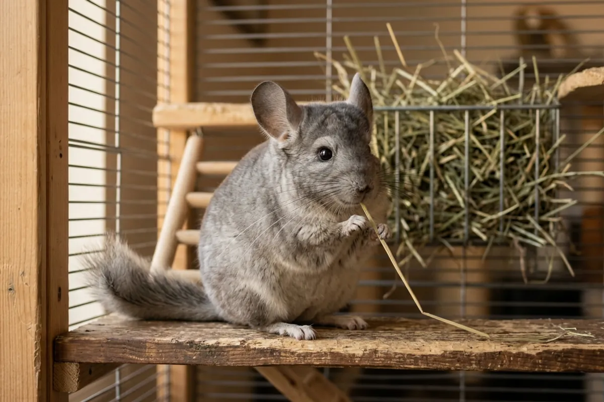 A chinchilla working on a strand of hay, the chewing that keeps tooth roots from causing a chinchilla eye infection.