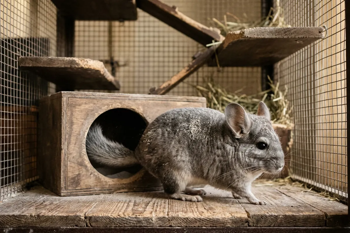 A chinchilla stepping out of an enclosed wooden bath house with dust still on its coat, the routine that keeps dust out of the eyes.